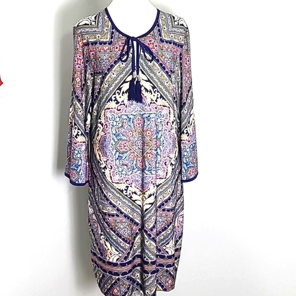 Westport 1962 Floral Dress w/ Designs, Blues, Beige, Pink, Navy Blue Trim, Sz 16